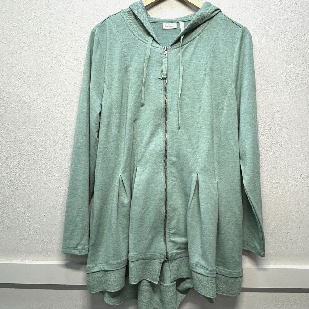 LOGO Lounge Pleated Green Hooded Zip Sweater Jacket Women's Sz L